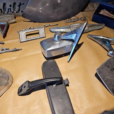 Vintage Auto Emblems, Insignias + Assorted Mirrors (WS2-JS)