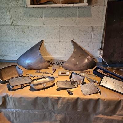 Vintage Auto Emblems, Insignias + Assorted Mirrors (WS2-JS)