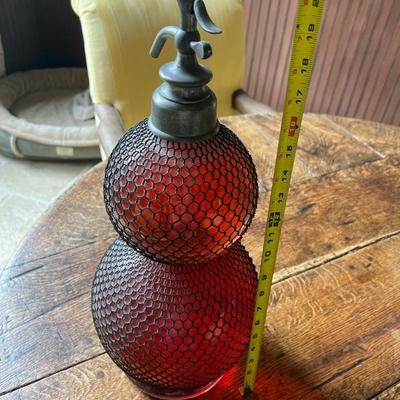 RARE 19th Century L. Gilles Brevette S.G.D.G LARGE French Seltzer Siphon Double Bubble RED Glass Bottle FILLED Mesh Jacket