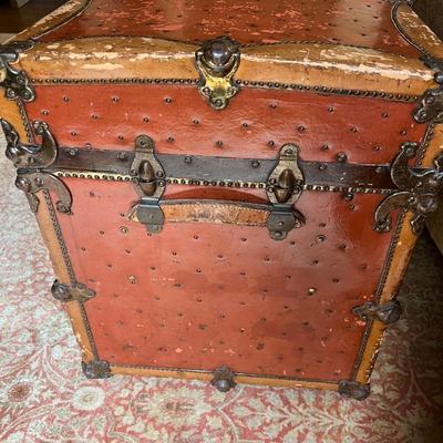 Vintage Antique Leather Chest Steamer Trunk 19th Century Studded w/ Removal Storage Shelf