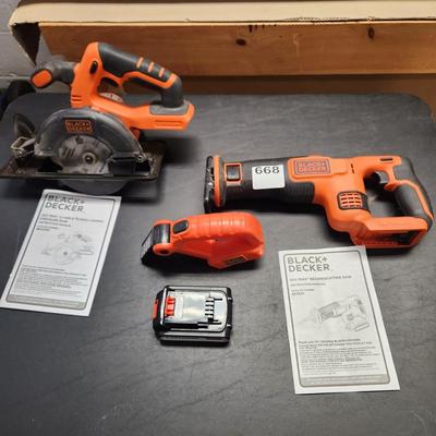 3 Black & Decker Cordless 20V Lithium Tools Reciprocating Saw, 5.5" Circular Saw, Light
