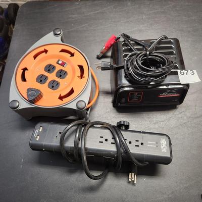Lot of 3 Power strip, Extension Cord on Reel , Schumacher Battery Extender