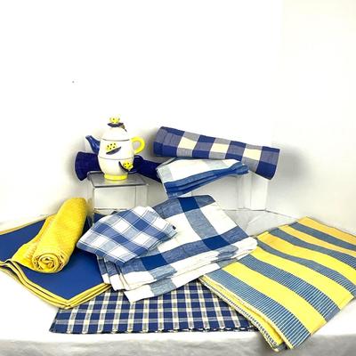834 Dansk Blue and white placemats with blue and Yellow Linens and Teapot