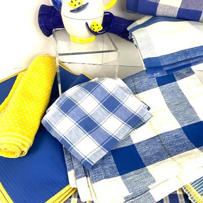 834 Dansk Blue and white placemats with blue and Yellow Linens and Teapot