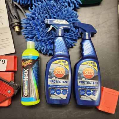 Table Lot of Car Care Safety items Matcc Car Foam Gun, Buffers, Dusters