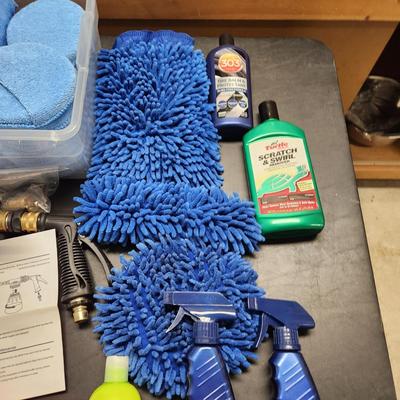 Table Lot of Car Care Safety items Matcc Car Foam Gun, Buffers, Dusters