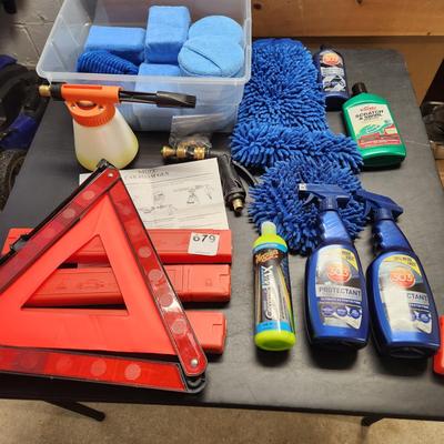 Table Lot of Car Care Safety items Matcc Car Foam Gun, Buffers, Dusters