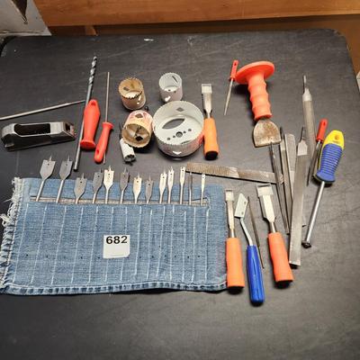 Lot of tools Files, Chisels, Wood Drill Bits , Hole saw cutters, Mayhew Floor Chisel
