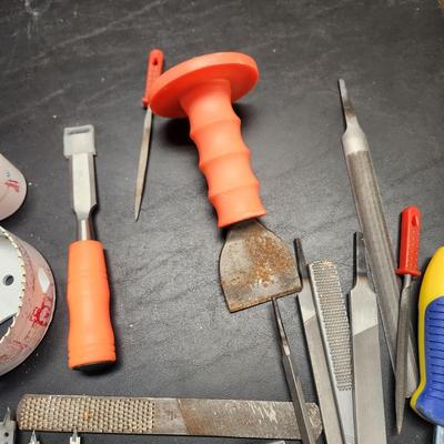 Lot of tools Files, Chisels, Wood Drill Bits , Hole saw cutters, Mayhew Floor Chisel