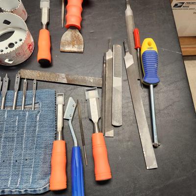 Lot of tools Files, Chisels, Wood Drill Bits , Hole saw cutters, Mayhew Floor Chisel