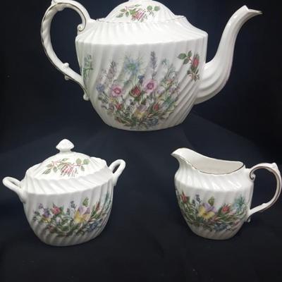 Aynsley 'Wild Tudor" Teapot, creamer, sugar set