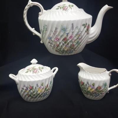 Aynsley 'Wild Tudor" Teapot, creamer, sugar set