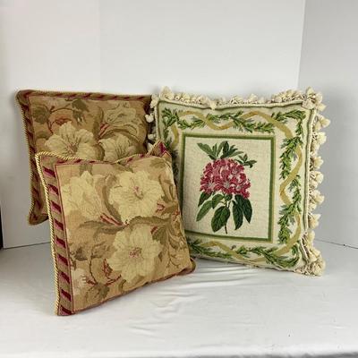 850 Set of 3 Needlepoint Floral Design Down Filled Pillows