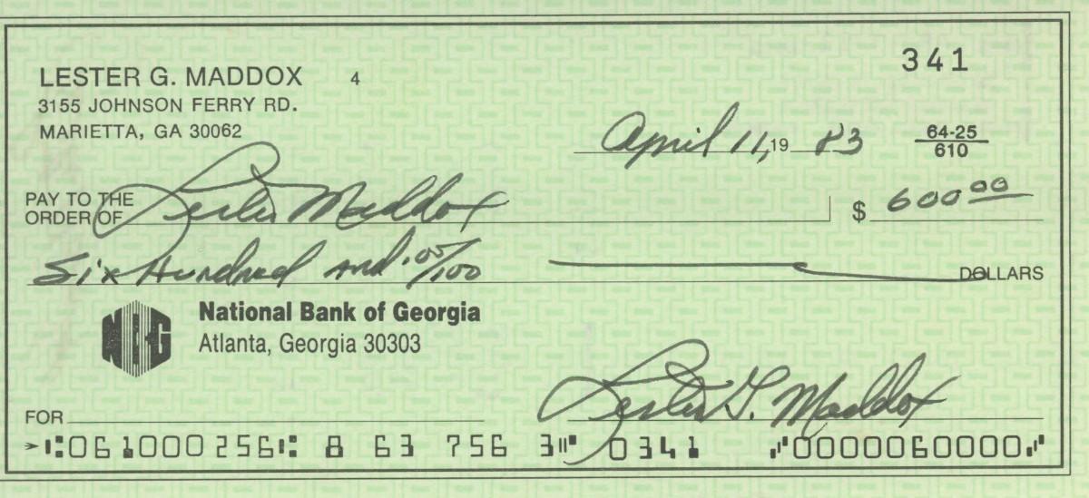 Lester Maddox signed check | EstateSales.org