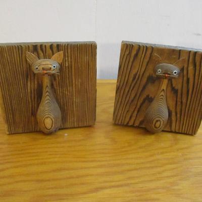 Wooden Cat Bookends - A