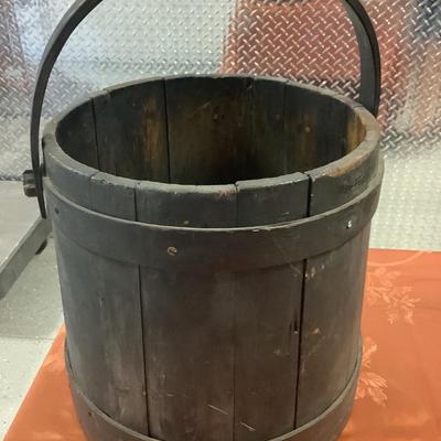 Primitive Wood Bucket, Pail, Milk Jug-all wood with metal nails 12"H 11"diameter at top 12"diameter at bottom