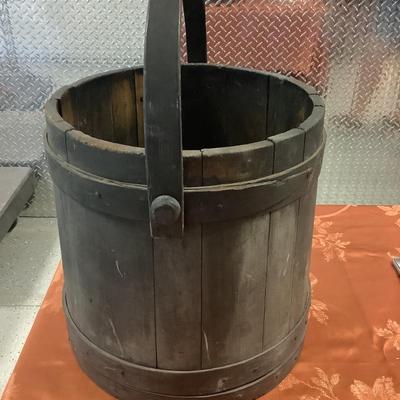 Primitive Wood Bucket, Pail, Milk Jug-all wood with metal nails 12"H 11"diameter at top 12"diameter at bottom