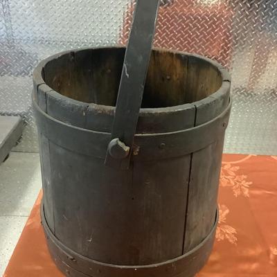 Primitive Wood Bucket, Pail, Milk Jug-all wood with metal nails 12"H 11"diameter at top 12"diameter at bottom
