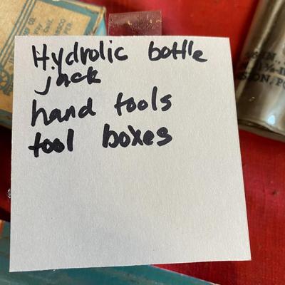 Hydraulic Jack , Vintage family Motors sign, hand tools