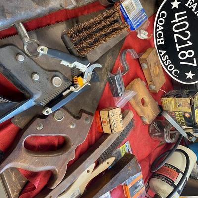Hydraulic Jack , Vintage family Motors sign, hand tools