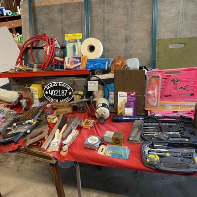 Hydraulic Jack , Vintage family Motors sign, hand tools
