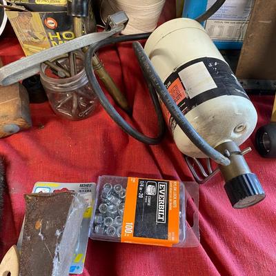 Hydraulic Jack , Vintage family Motors sign, hand tools