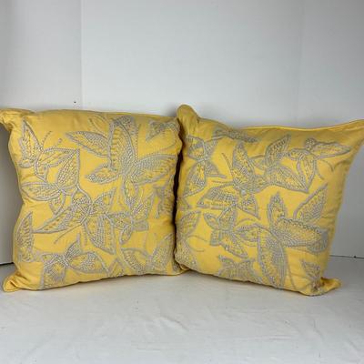 855 Pair of POTTERY BARN Yellow Embroidered Decorative Pillows