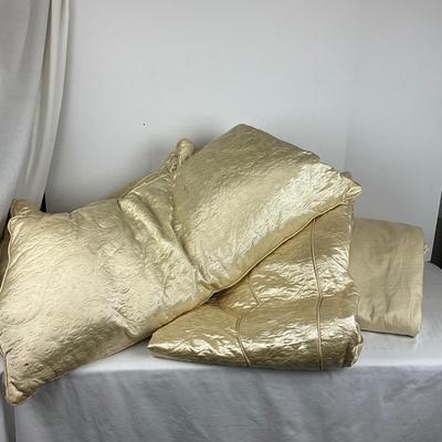 868 Pair of Custom made Satin Embroidered Twin Coverlets with Curved Matching Down Filled Pillow