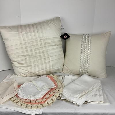 866 Pair of White Decorative Pillows with Assorted Doilies and Tea Towels