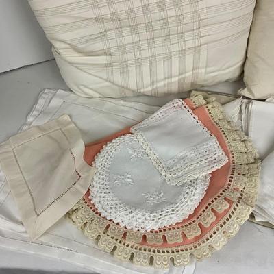 866 Pair of White Decorative Pillows with Assorted Doilies and Tea Towels