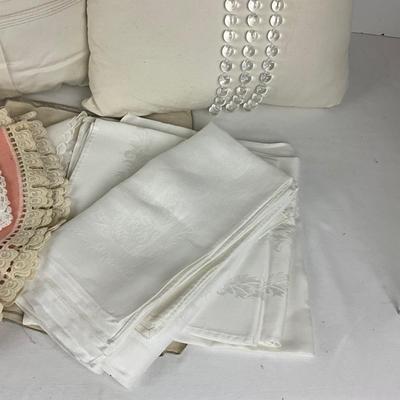 866 Pair of White Decorative Pillows with Assorted Doilies and Tea Towels
