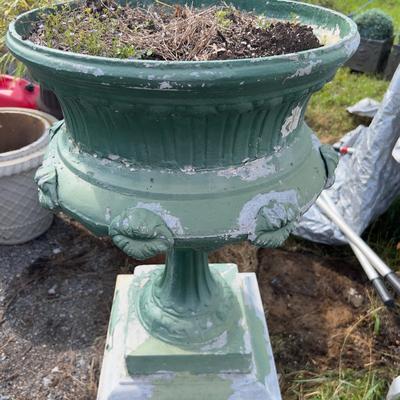 884 Vintage Tall Green Metal Pedestal Planter