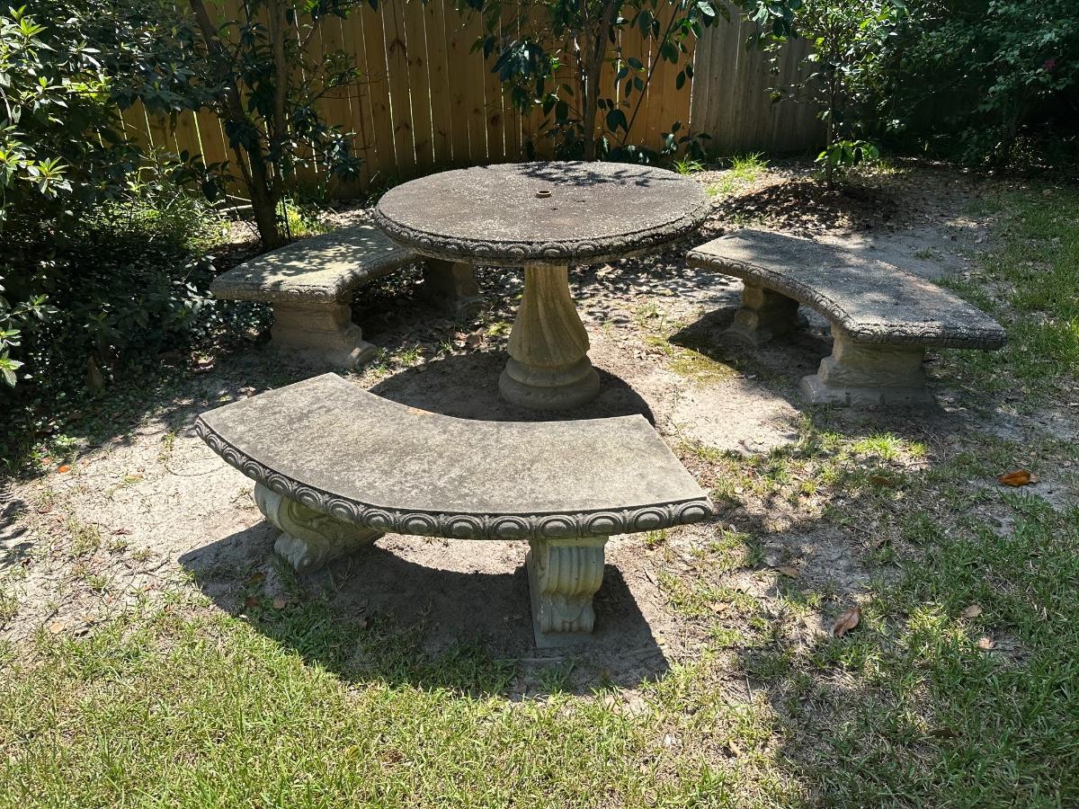 Cement Outdoor Table / Benches | EstateSales.org