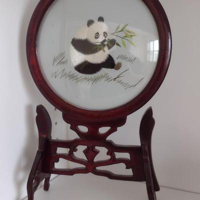 Vintage Suzhou Double Sided Silk Table Screen Panda and Bamboo