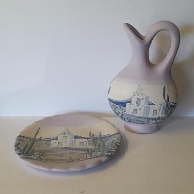 Tall Ceramic vase with matching ceramic decorative plate