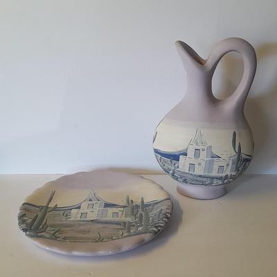 Tall Ceramic vase with matching ceramic decorative plate