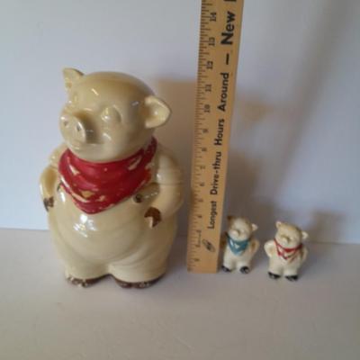 Vintage U.S.A. Marked pig cookie jar with matching salt & pepper shakers