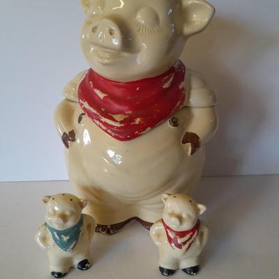 Vintage U.S.A. Marked pig cookie jar with matching salt & pepper shakers