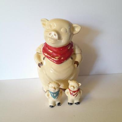 Vintage U.S.A. Marked pig cookie jar with matching salt & pepper shakers