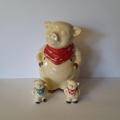 Vintage U.S.A. Marked pig cookie jar with matching salt & pepper shakers