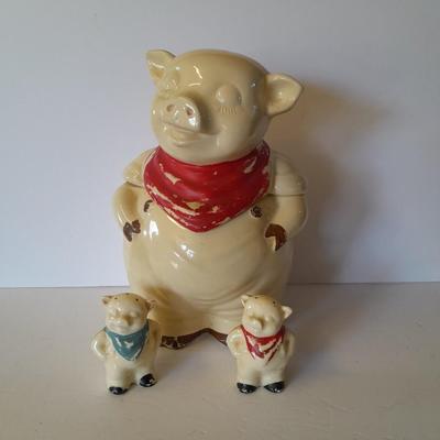 Vintage U.S.A. Marked pig cookie jar with matching salt & pepper shakers