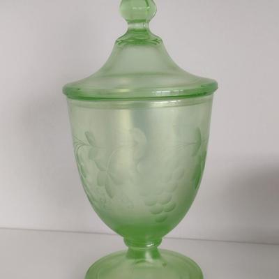 Early L. E. Smith Uranium Green Depression Glass Footed Candy Dish