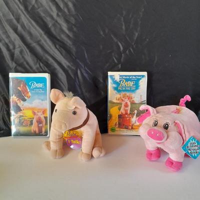 Talking BABE the pig plush - Babe Collectible VHS tapes and a plush piggy bank