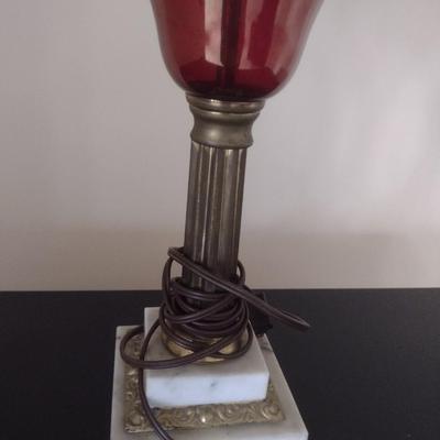 Vintage Cranberry Etched Glass with Marble Base Table Lamp