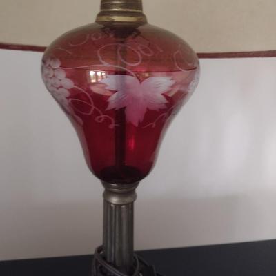 Vintage Cranberry Etched Glass with Marble Base Table Lamp
