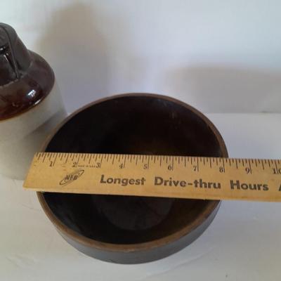 Vintage canning crock and primitive stoneware bowl
