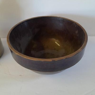 Vintage canning crock and primitive stoneware bowl