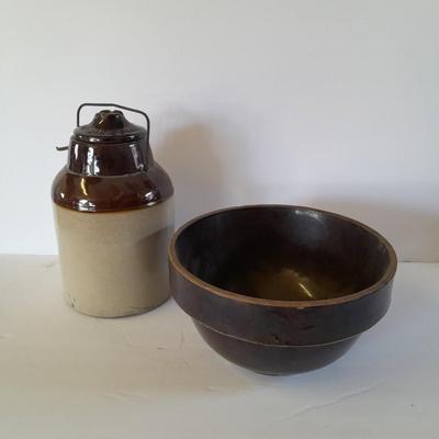 Vintage canning crock and primitive stoneware bowl