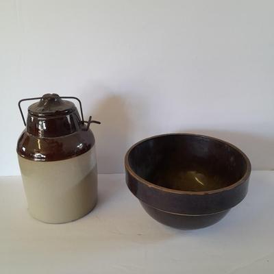 Vintage canning crock and primitive stoneware bowl