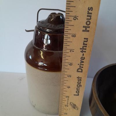 Vintage canning crock and primitive stoneware bowl